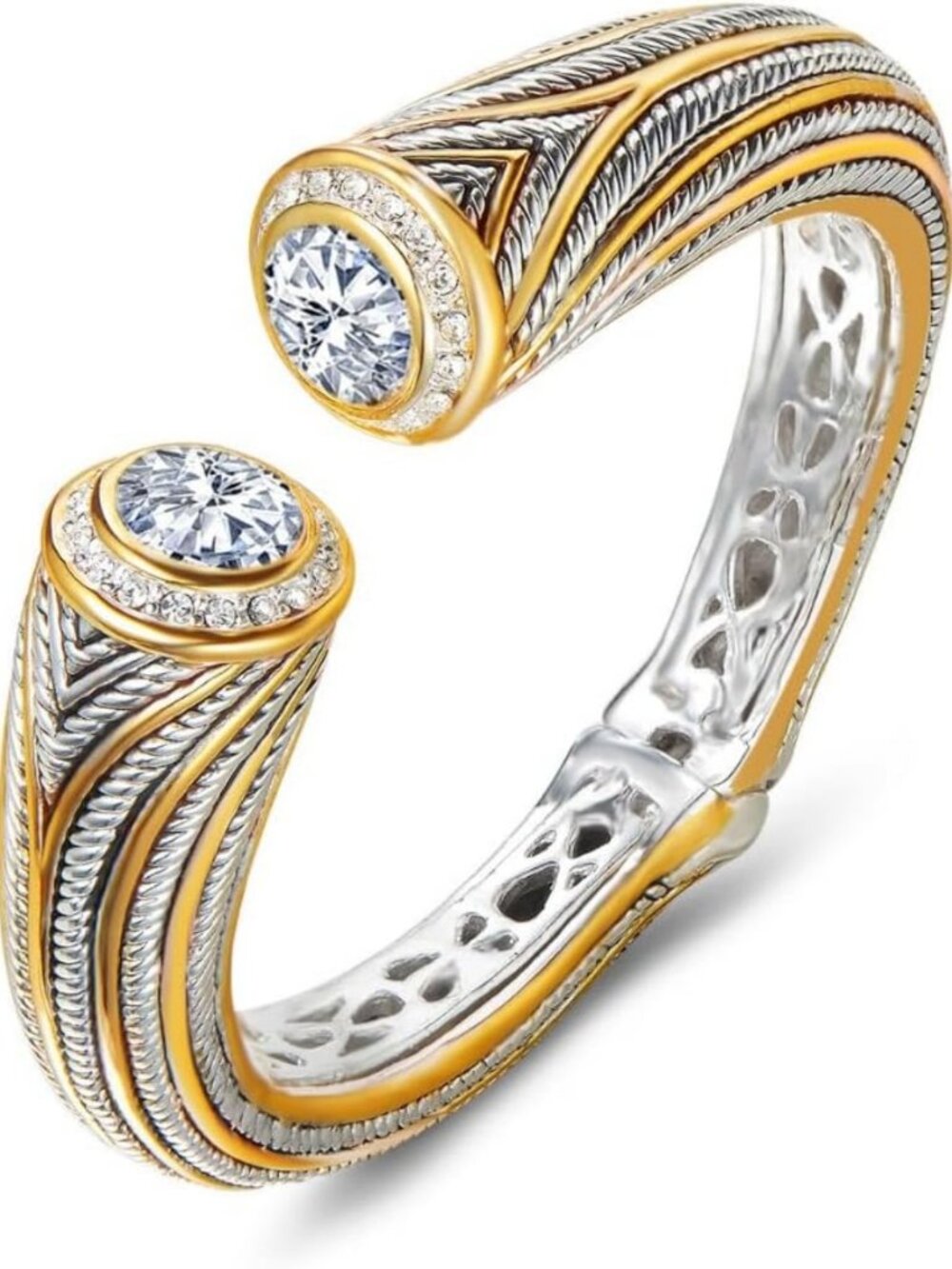 Elegant Vintage Multi-Strand Twisted Wire Cable Cuff Bangle with CZ Inlay